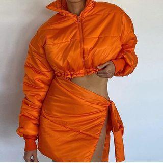 Set: Padded Zip-up Jacket + Padded Tie-waist Skirt