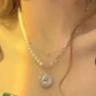 Layered Faux Pearl Coin Pendant Necklace 1pc - Silver - One Size