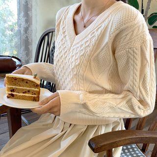 Set: Tie-back Cable-knit Sweater + Spaghetti-strap Pleated Dress Light Beige - One Size