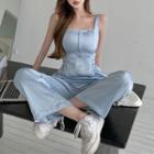 Plain Single-breasted Camisole / High-waist Wide-leg Pants Camisole + Pants - One Size