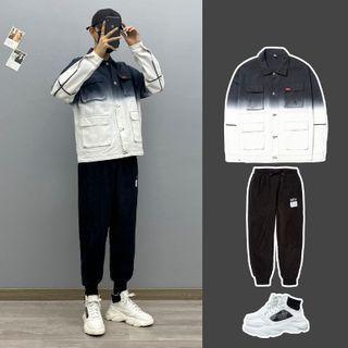 Gradient Loose-fit Denim Jacket / Long-sleeve Two-tone Lettering T-shirt / Lettering Joggers