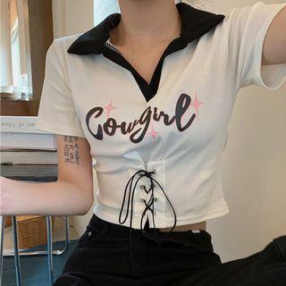 Polo Collar Lettering Lace-up T-shirt