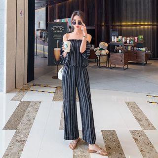 Set: Off-shoulder Short Sleeve Striped Top + Wide-leg Pants