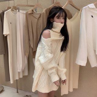 Off-shoulder Turtleneck Loose-fit Sweater Off-white - One Size