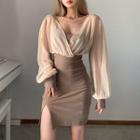 Mock Two-piece Long-sleeve Slit Mini Sheath Dress