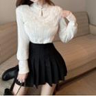 Mock-neck Lace Blouse / Pleated Mini A-line Skirt