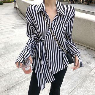 Striped Tie-waist Shirt / Cropped Boot Cut Pants