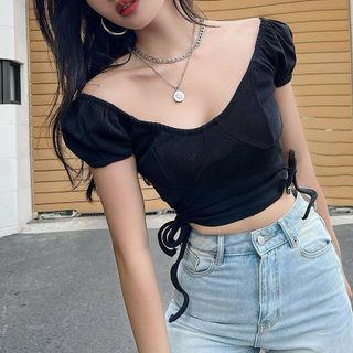 Puff-sleeve Off-shoulder Cutout Crop Top