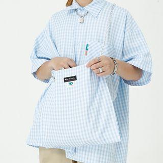 Short-sleeve Plaid Shirt + Applique Chain Strap Crossbody Bag