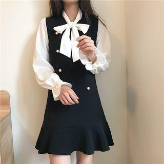 Mock Two-piece Tie-neckline A-line Dress Black - One Size