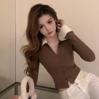 Long-sleeve Fluffy Trim Button-up Top Beige & Dark Brown - One Size