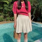 Short-sleeve Floral Embroidered Knit Top / A-line Skirt