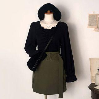 Square-neck Frill-trim Shirred Blouse