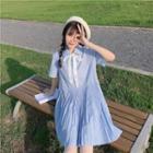 Short-sleeve Pleated A-line Dress Sky Blue - One Size