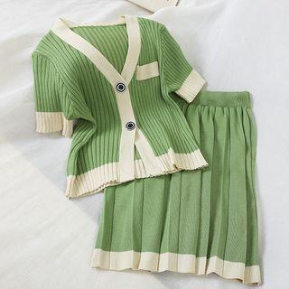 Set: Color Block Short-sleeve Cardigan + Knitted A-line Skirt