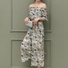 Elbow-sleeve Floral Print Chiffon Jumpsuit