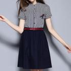 Striped Panel A-line Dress With Belt