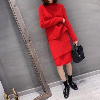 Set: Mock Turtleneck Sweater + Midi Knit Skirt