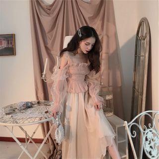Long-sleeve Cold-shoulder Smocked Top / Midi A-line Skirt Top - Pink - One Size / Skirt - Almond - One Size