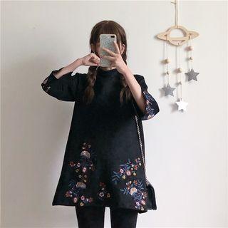 Mock Neck Floral Embroidery A-line Dress