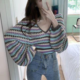 Striped V-neck Sweater Stripe - Purple & Blue & Green - One Size