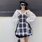 Chiffon Blouse / Wide Strap Plaid Mini A-line Dress / Plain Skort