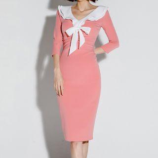 3/4-sleeve Tie-neck Midi Sheath Dress
