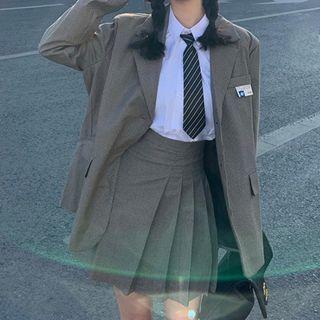 Plain Blazer / Plain Blouse & Tie / High-waist A-line Skirt