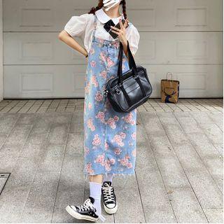 Floral Print Distressed Denim Overall Dress