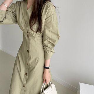V-neck Lantern-sleeve Midi Sheath Dress
