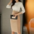 Set: Long-sleeve Top + High Waist Fitted Skirt
