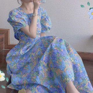 Floral Square-neck Balloon-sleeve Dress