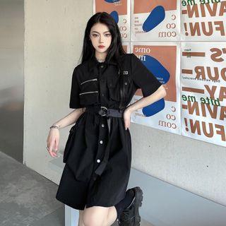 Short-sleeve Mini A-line Shirt Dress Black - One Size