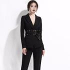 Set: Studded Belted Blazer + Straight-cut Pants