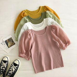 Plain Crewneck Puff-sleeve Chiffon Blouse