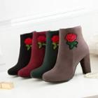 Rose Embroidered Block Heel Ankle Boots