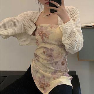 Asymmetrical Floral Print Tube Top / Pointelle Knit Crop Cardigan