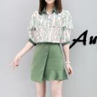 Set: Leaf Print Elbow Sleeve Chiffon Shirt + Plain A-line Skirt