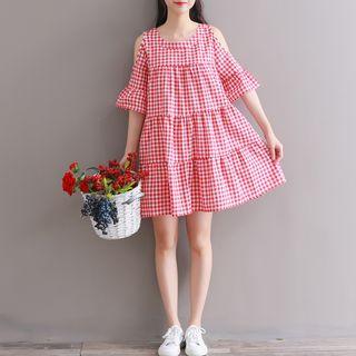 Plaid Cold-shoulder Elbow-sleeve Tiered A-line Dress