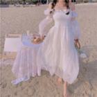 Puff-sleeve Off-shoulder Mesh Maxi A-line Dress