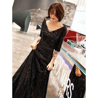Short-sleeve Glitter A-line Evening Gown