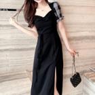 Puff-sleeve Check Panel Midi Dress