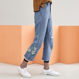 Regular-fit Distressed Embroidery Jeans