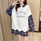 Mock Two-piece Plaid Panel Lettering Print Collared Sweatshirt