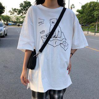 Elbow-sleeve Bear Print T-shirt / Plaid Straight Cut Pants