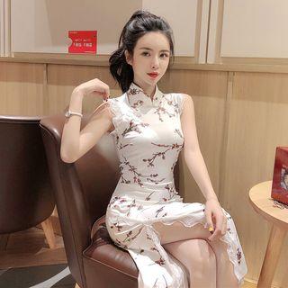 Traditional Chinese Sleeveless Floral Slit Midi Sheath Dress