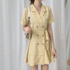 Double Breasted Plaid Short-sleeve A-line Dress