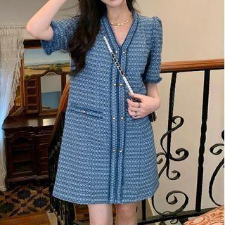 Short-sleeve Patterned Mini Smock Dress