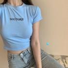 Short-sleeve Lettering Cropped Top Blue - One Size