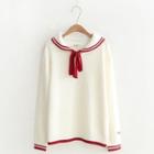 Bow Accent Collared Contrast-trim Sweater/ Buttoned Cardigan